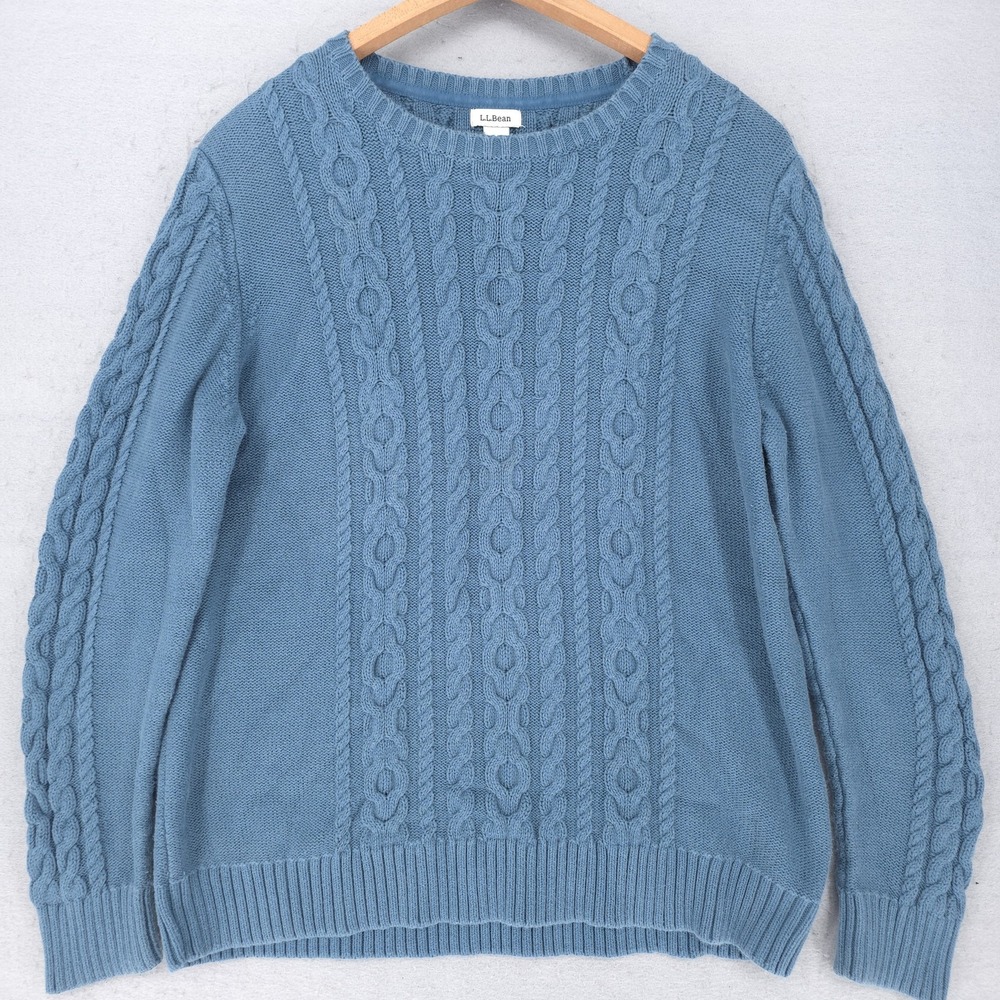 L.L.Bean Sweater Womens XL Blue Cable Knit Cotton Crewneck Pullover Fisherman
